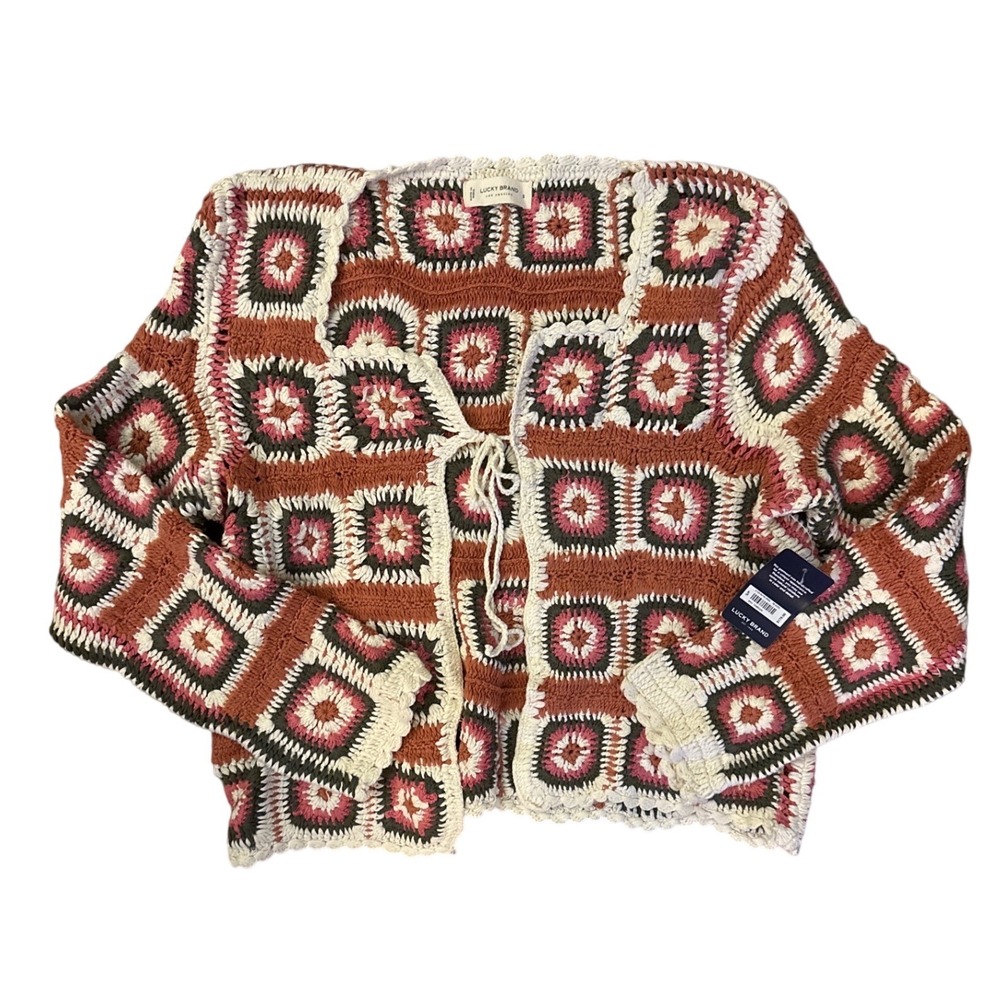 Lucky Brand Handcrafted Crochet Granny Square Cardigan Sweater‎ Boho Multi S NEW